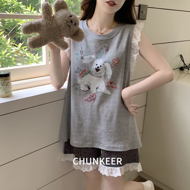 New Imitation Cotton Pajamas for Girls, Vest and Shorts Set, Summer New Thin Style, Sweet and Comfortable, Can Be Worn Outside as Home Clothes