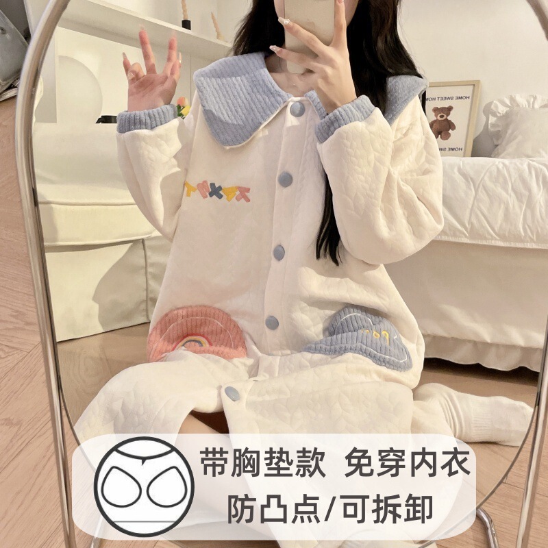 Autumn and Winter New with Chest Pad Pregnant Women's Breastfeeding Pajamas Cardigan Warm Breastfeeding Nightwear plus size Outer Wear dress