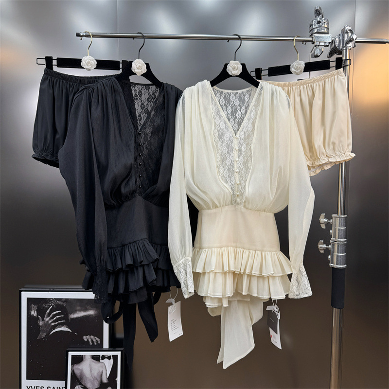 2026 Spring French-Style Mature Lace Patchwork Ribbon Shirt Dress with an Elegant and Sophisticated Feel, Waist-Cinching Dress