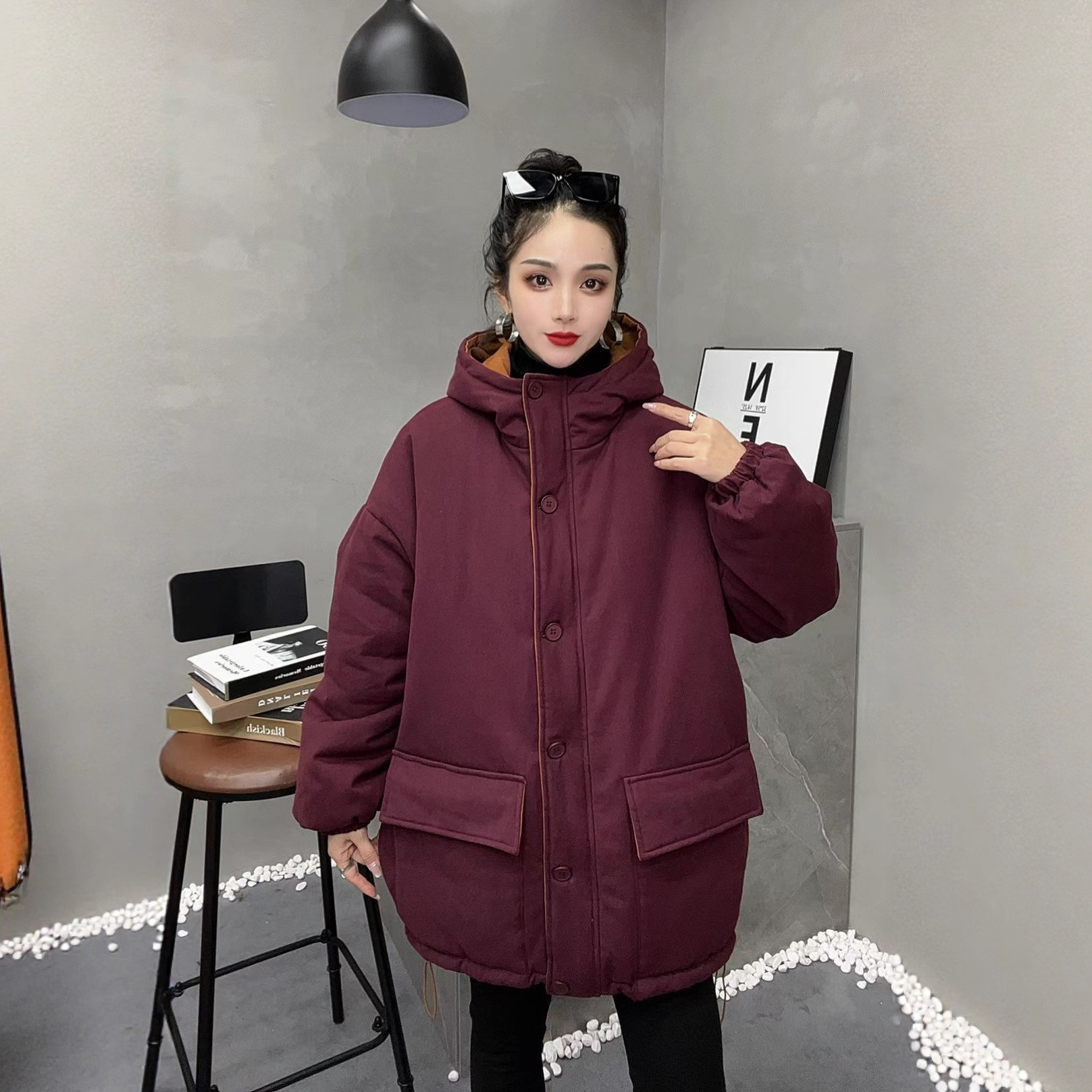 加厚兔毛派克服女 2025冬新款韩版宽松休闲连帽中长款棉衣 9321