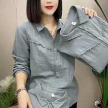 大码女装衬衣春秋季时髦百搭POLO领长袖花边设计感宽松显瘦衬衫