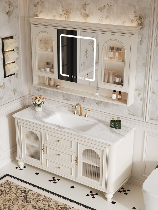 French Retro Style Bathroom Cabinet Set, Floor-Standing Smart Mirror Cabinet, Solid Oak Washbasin Cabinet for Bathroom