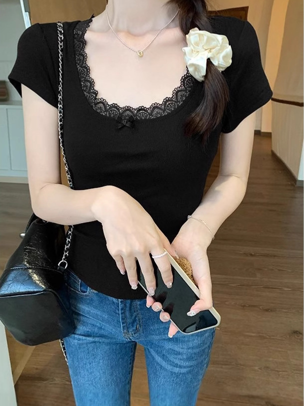 Insセクシー純欲蝶結びレース小香風半袖tシャツ女性夏U襟ショートタイプの女性t潮