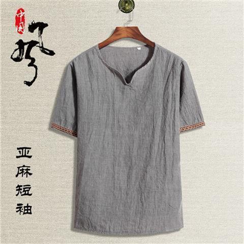 Verano con cuello en V de manga corta de los hombres de algodón transpirable y lino camiseta casual versátil media manga de los hombres retro camiseta delgada superior