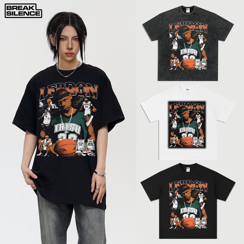 Cross-border LeBron James James James James American-style Washed Dressed vintage Short-sleeved T-shirt Trendy