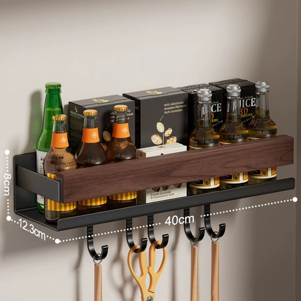 [Walnut + Stainless Steel] 40CM Storage Rack - With Hook