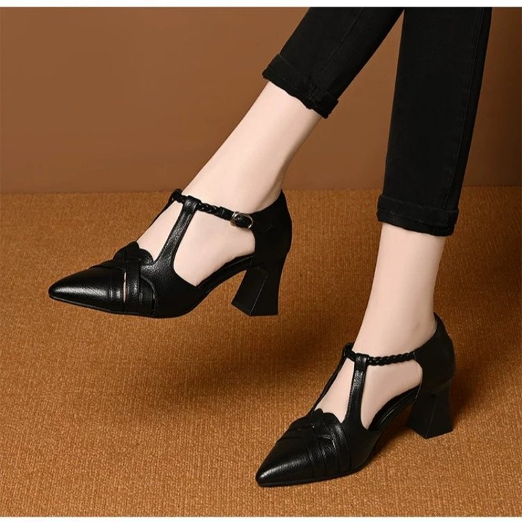 Sandalias de tacones gruesos retro franceses para mujeres 2026 verano nuevo velcro agujero agujero con tacones altos