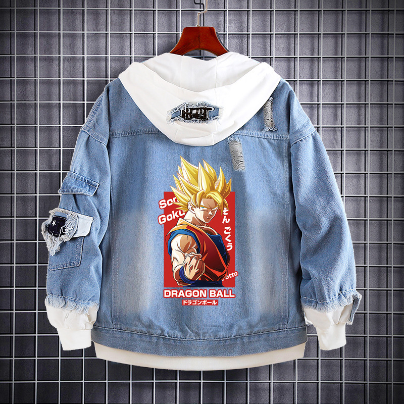 Dragon Ball Anime Sweatshirt Goku Cartoon Logo Peripheral Trendyy Loose Fake Two-Piece Denim Jacket Jacket for Men and Women