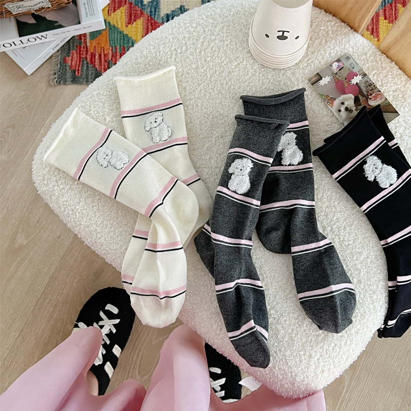 纯棉袜子女秋冬新款条纹卷边西高地可爱卡通狗中筒女袜堆堆袜批发|undefined