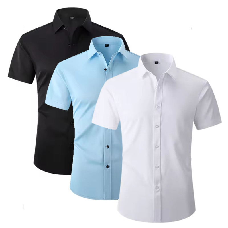 Cross-Border Hot Selling Four-Sided Stretch Shirt Men's Short-Sleeved White Amazon Clothes Hot-Selling Solid Color High Elastic Shirt Anti-Wrinkle