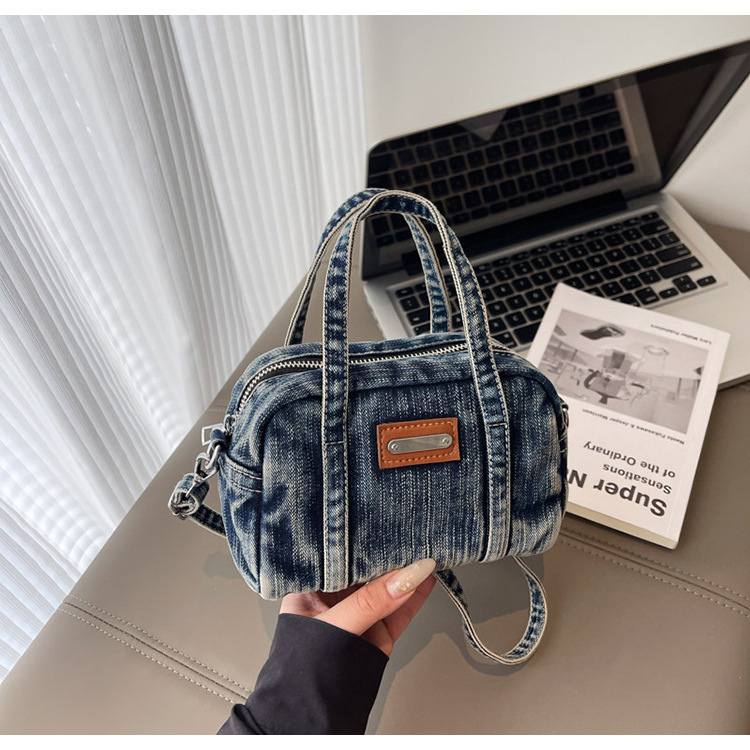 2025 新しいデニムハンドヘルドボストンバッグ女性のためのシンプルなファッションボウリングバッグシングルショルダークロスボディバッグ|undefined
