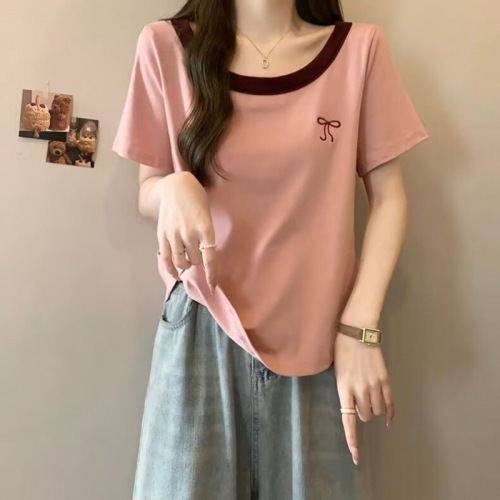 Ladies' Loose Sweet Style T-Shirt Top with U-Neck, Color Block, Covering Stomach, Arc Hem for Larger Sizes, Up to 300 Pounds