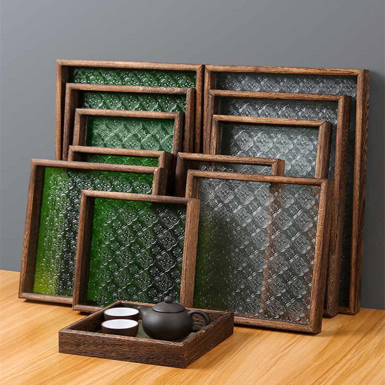 Retro Begonia flor bandeja de vidrio rectangular plato de madera japonés postre taza bandeja de almacenamiento Kung Fu bandeja de té de la tarde