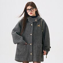 慵懒风连帽毛呢外套女装秋冬季新款复古高级感中长款加厚呢子大衣