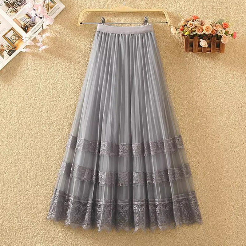 Lace Mesh Skirt plus size Women's Mid-length High Waist A- line Stitching Cake Skirt Fairy Pleated Skirt