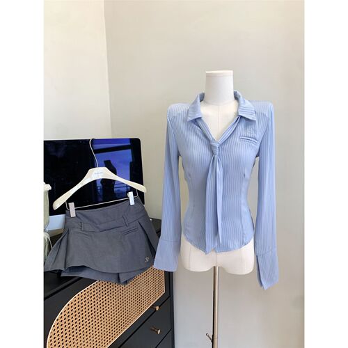 Silky-waistline, slim-fit, solid-color shirt with notched lapel and long sleeves—women's tie-neck top paired with skirt-trousers two-piece set