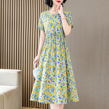 2025新款气质棉绸连衣裙女夏季时尚收腰显瘦中长款人造棉印花裙子