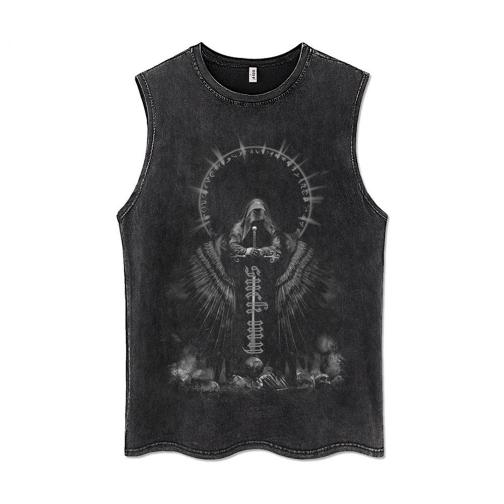 2022 Summer High Street Dark Style Distressed Death Print Sleeveless T-Shirt for Men, Loose Fit Sports Gym Vest
