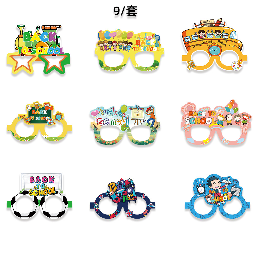 9 unids/set transfronterizo nueva temporada escolar decoración gafas de fiesta kindergarten escuela niños dibujos animados gafas de papel marco