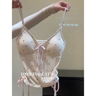 Pure Desire Style Wave Dot Bow Camisole Women's Summer New Hot Girl Pleated Strap Slimming Short Top Clothes