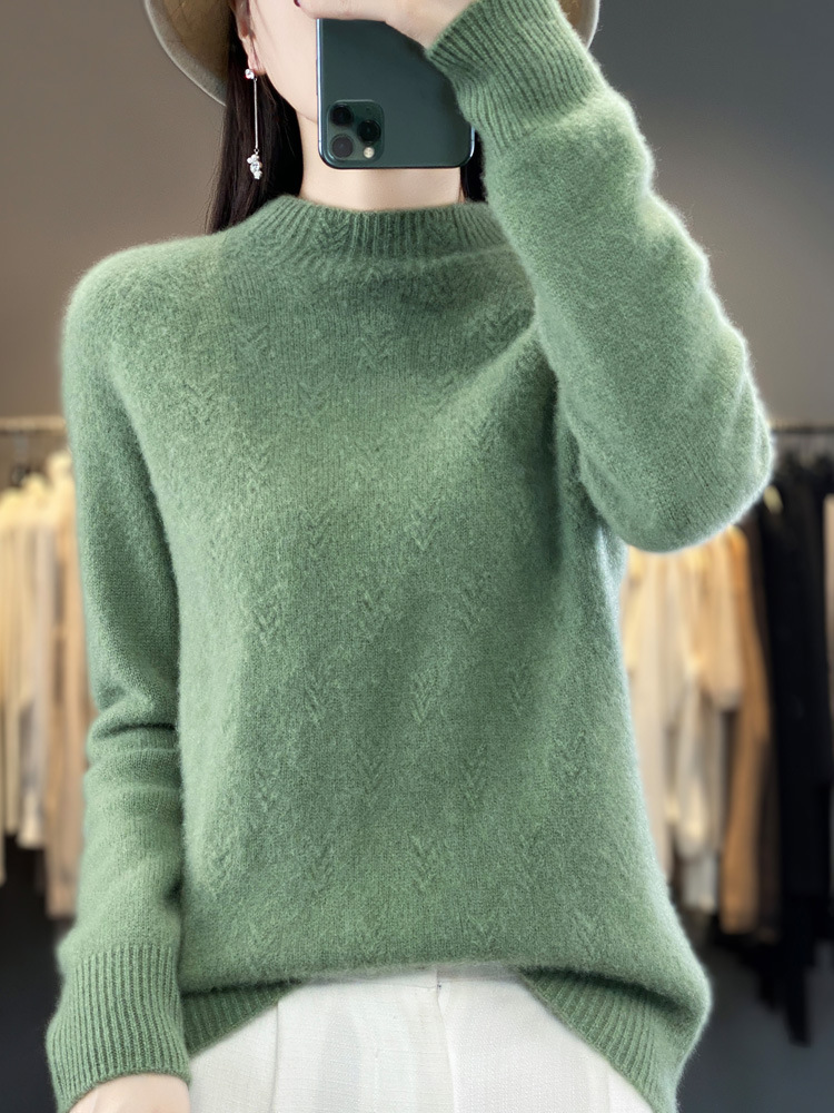 Half-Turtleneck Jacquard Wool Sweater, Autumn and Winter Style, Loose and Versatile Cashmere Knit Sweater, Skin-Friendly and Warm Base Layer Top
