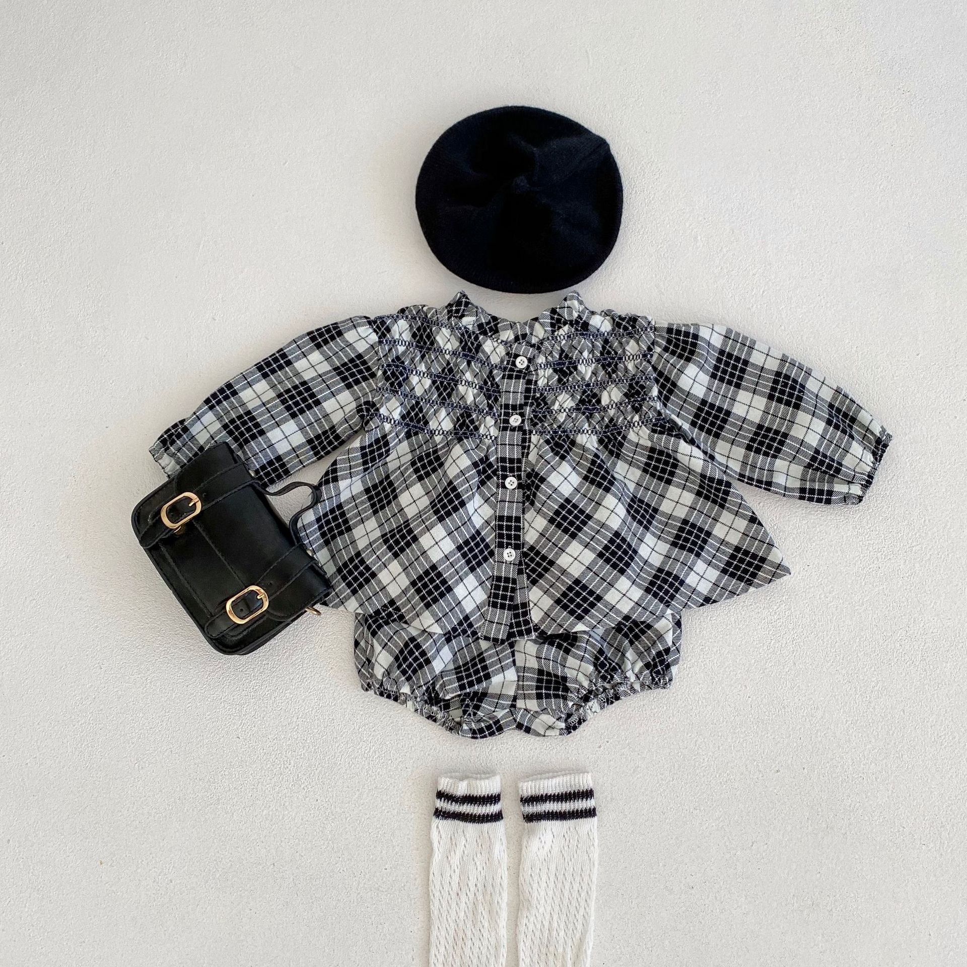 2024 Herbst/Winter Neue Baumwolle Weibliche Baby Karierten Langarm Top Strickjacke + Hose zweiteiliges Set_voghion.com