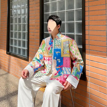 秋冬季唐装新中式男士青年时尚中山装立领盘扣印花夹克外套