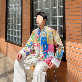 秋冬季唐装新中式男士青年时尚中山装立领盘扣印花夹克外套