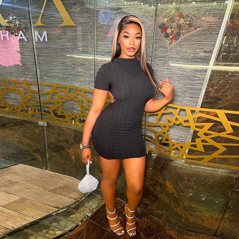 نمط غير رسمي بلون سادة رقبة مستديرة وأكمام قصيرة ربط فستان بوليستر بدون ظهر