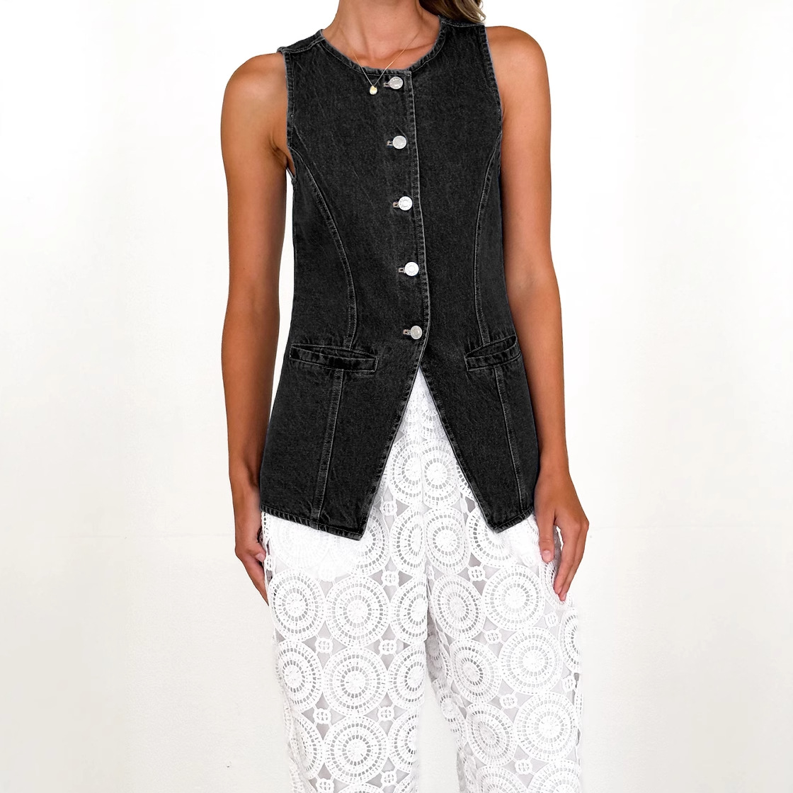 Amazon Independent Station Cross-border nueva moda retro europea y americana cuello redondo sin mangas cintura chaqueta de mezclilla chaleco damas image 3