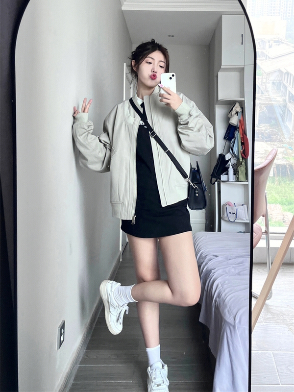 复古灰白色美式棒球服外套女秋冬季大码胖mm宽松显瘦工装夹克上衣|undefined