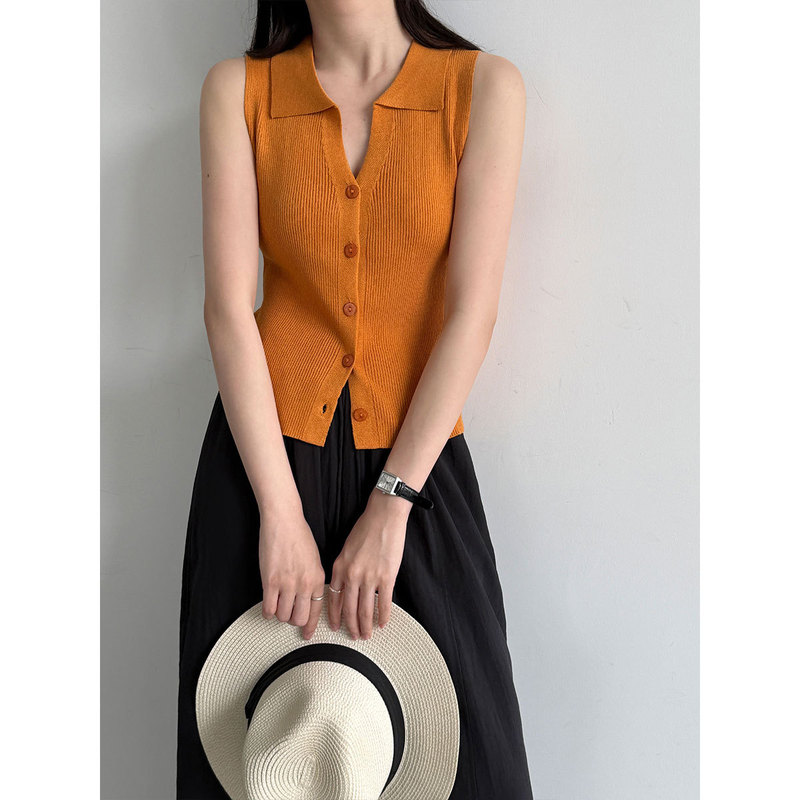 Luxi Korean-Style Lapel Sleeveless Knit Top for Women, Summer New Polo Collar Slim-Fit Outerwear Vest T-Shirt Ss1023