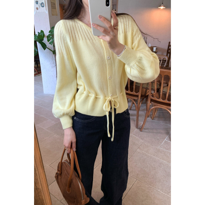 Brand Discount Drawstring Waist Wool Knitwear Women's Short Spring and Summer New Style Cardigan Long-Sleeved Thin Top
