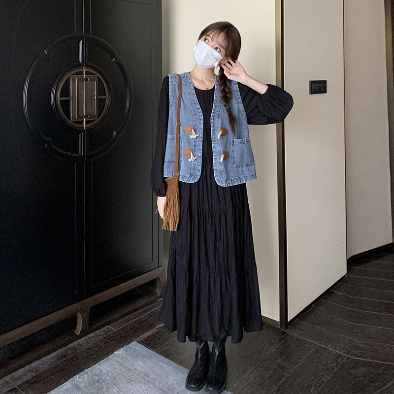 Real Shot Age-reducing Denim Vest dress Two-piece Set Spring and Autumn French Long-sleeved Casual Loose Fashionable suit