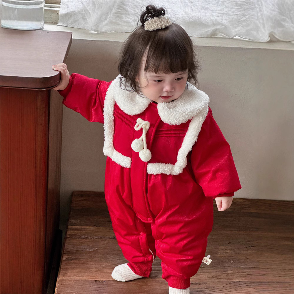 Ropa de invierno para bebé, lindo abrigo de algodón grueso cereza, ropa de año nuevo para bebé, ropa roja de año nuevo, ropa exterior, mono de año nuevo