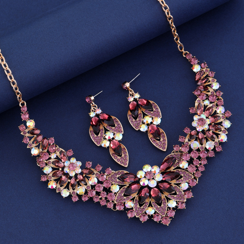 跨境欧美礼服饰品首饰套装 项链耳环两件套 彩色花朵新娘服装配饰