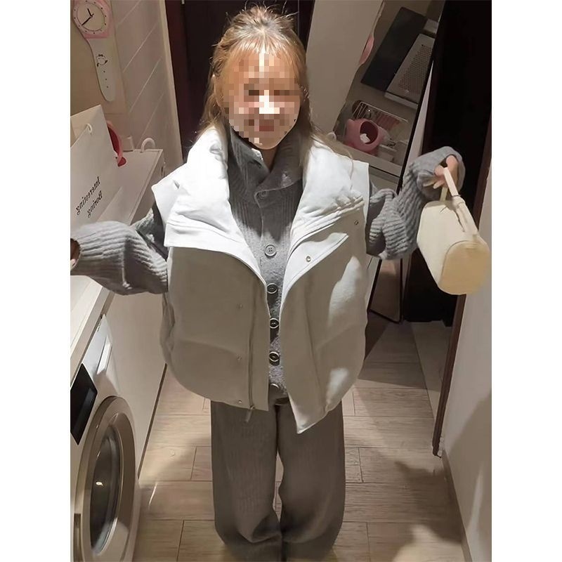 秋冬新品韩系学院风复古加厚保暖棉服马甲女灰色高领针织毛衣套装|undefined