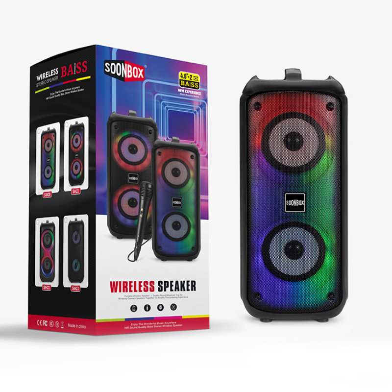 Altavoz Bluetooth TWS portátil con luz, micrófono, ranura para tarjeta, karaoke, sonido estéreo