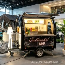 黑色弧形外观移动餐车 单轴设计 带储物柜 商用摆摊小吃车
