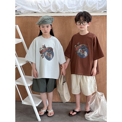 Summer 2024 New Korean Style Children's Cartoon Print Short Sleeve Unisex Round Neck T-shirt for Boys and Girls