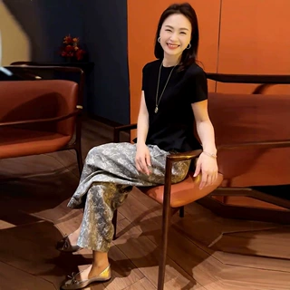 时尚套装女2026夏季新款洋气小众T恤上衣+印花阔腿裤显瘦两件套潮