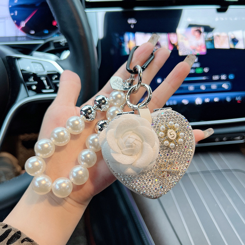 Nuevo camellia amor espejo llavero de diamante espejo plegable portátil llavero de automóvil cuentas bolsa colgante