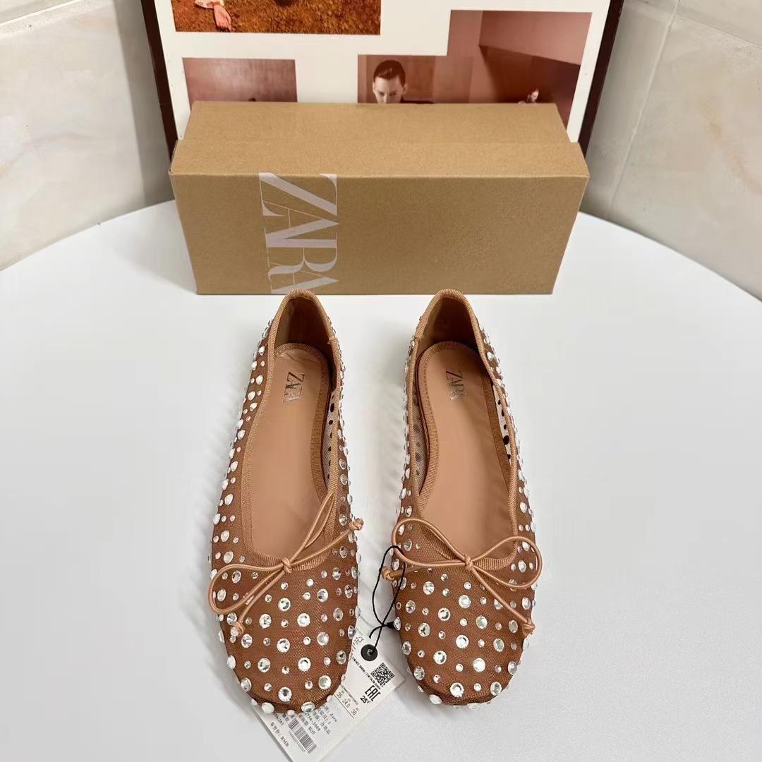 ZA Summer 2024 New Fashion All-match Women's Shoes Beige Bow Star Ballet Style Flat Shoes Comfortable