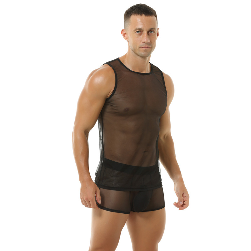 Men's see-through 20D mesh tight-fitting tank top for training and fitness, trendy and sexy transparent tank top for young men Men's see-through 20D mesh tight-fitting tank top for training and fitness, trendy and sexy transparent tank top for young men