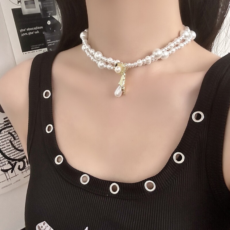 法式复古巴洛克金片微镶珍珠装饰项链女气质水滴吊坠choker锁骨链|undefined