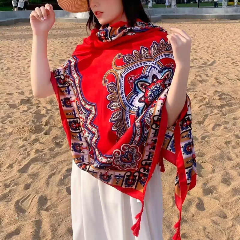 Sopa de satén de twill para mujeres 2025 bufandas de viento nacional de verano tibetanas bufandas de seda protector solar lago Qinghai turismo foto toalla de playa