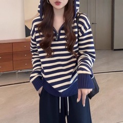 韩系条纹连帽长袖针织衫女秋季大码胖MM半拉链显瘦减龄时尚毛衣