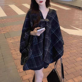 小香风黑色中长款格子毛呢外套女秋冬欧货小个子斗篷披肩加厚大衣