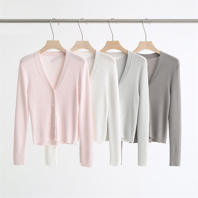 Spring and Summer Flash Quzhu Ice Silk V-neck Knitted Cardigan Slim-fit Slimming Pit Long-sleeved Jacket Air-conditioning Shirt Women's 92196