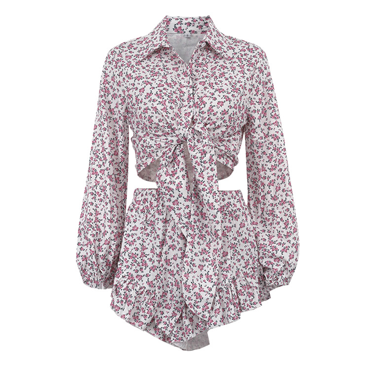 Floral Women Clothing Long Sleeve Collared Shirt Ruffled Shorts Two Piece Set